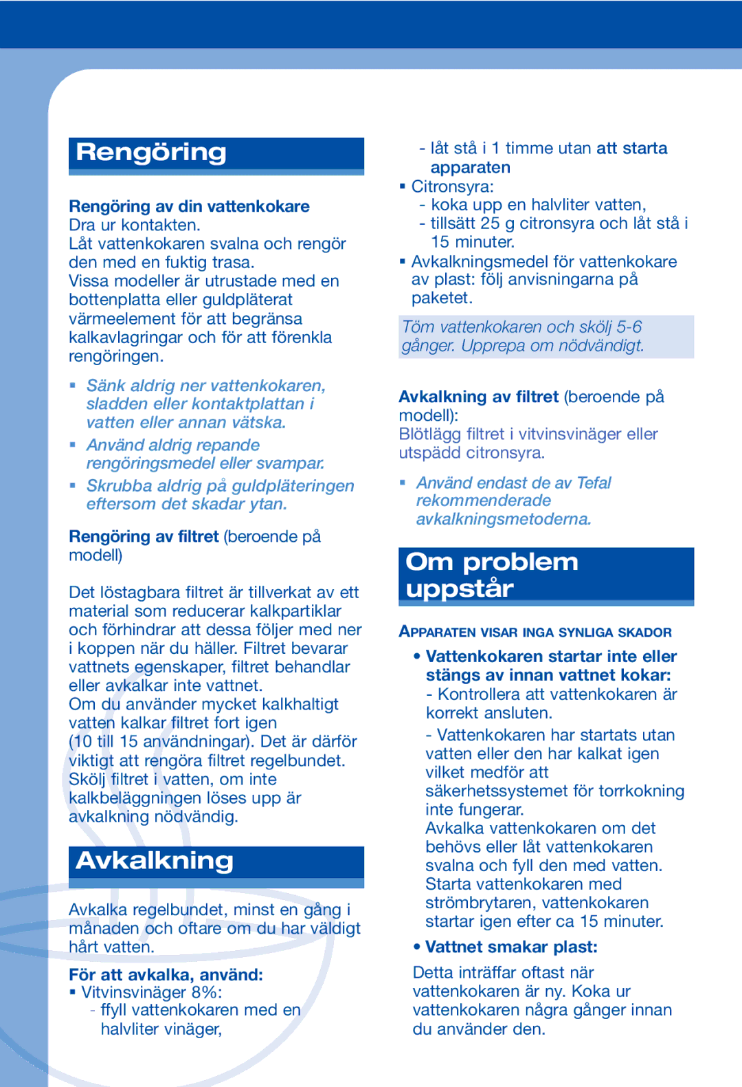 Tefal BE312013, BE312010, BE312014, BE312023, BE312044 manual Rengöring, Avkalkning, Om problem uppstår 