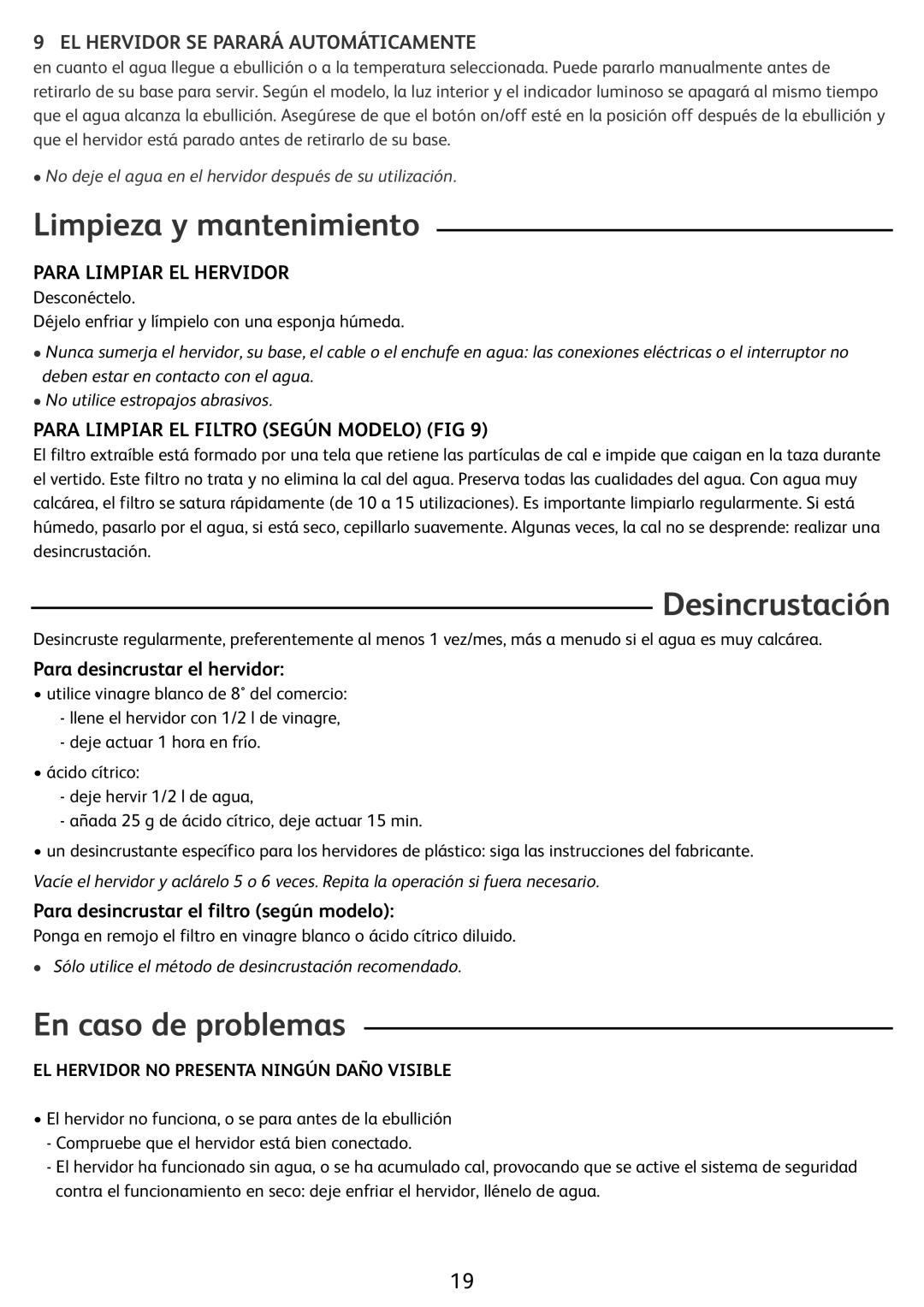 Tefal BF212800 Limpieza y mantenimiento, Desincrustación, En caso de problemas, EL Hervidor SE Parará Automáticamente 