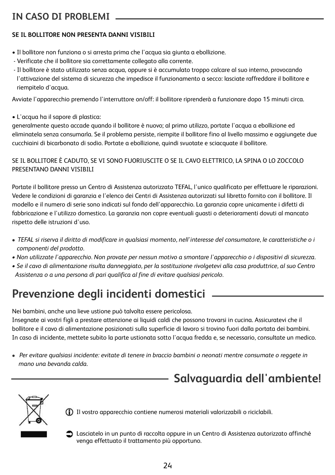 Tefal BF212800 manual Prevenzione degli incidenti domestici, Salvaguardia dellambiente 