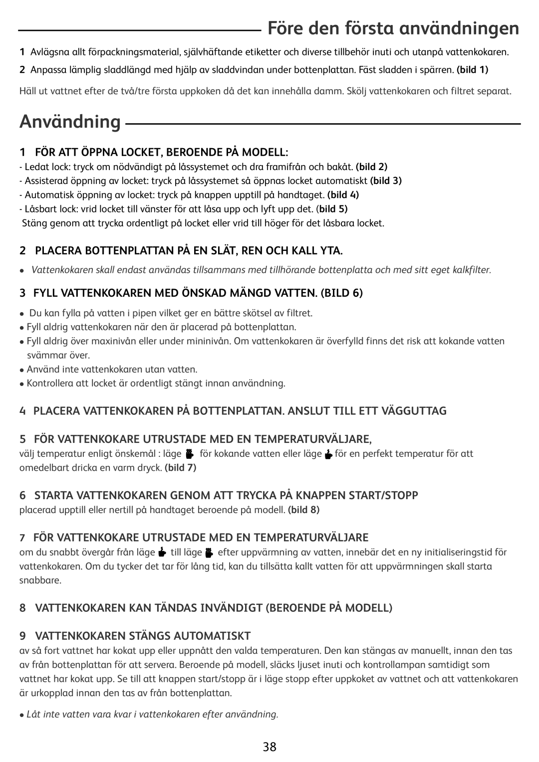 Tefal BF212800 manual Före den första användningen, Användning, FÖR ATT Öppna LOCKET, Beroende PÅ Modell 