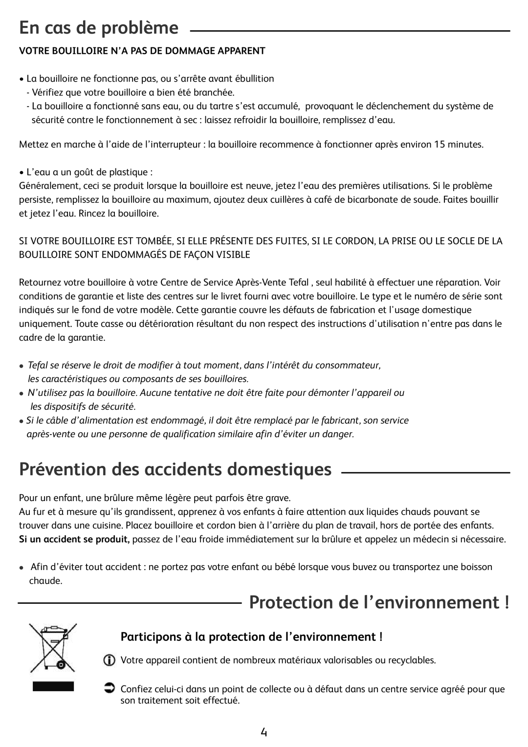 Tefal BF212800 manual En cas de problème, Prévention des accidents domestiques, Protection de l’environnement 