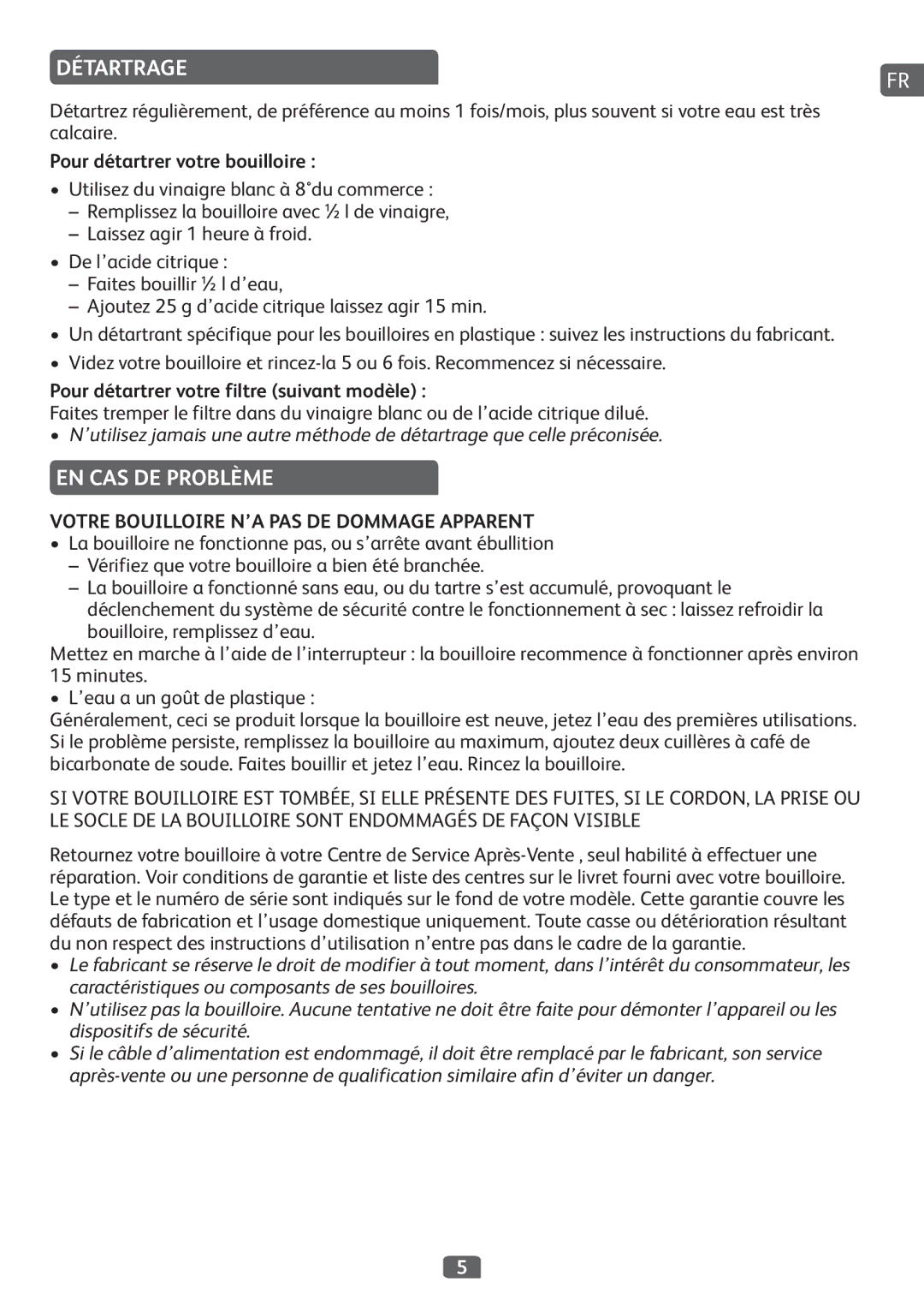 Tefal BF2130CH Détartrage, EN CAS DE Problème, Pour détartrer votre bouilloire, Pour détartrer votre filtre suivant modèle 