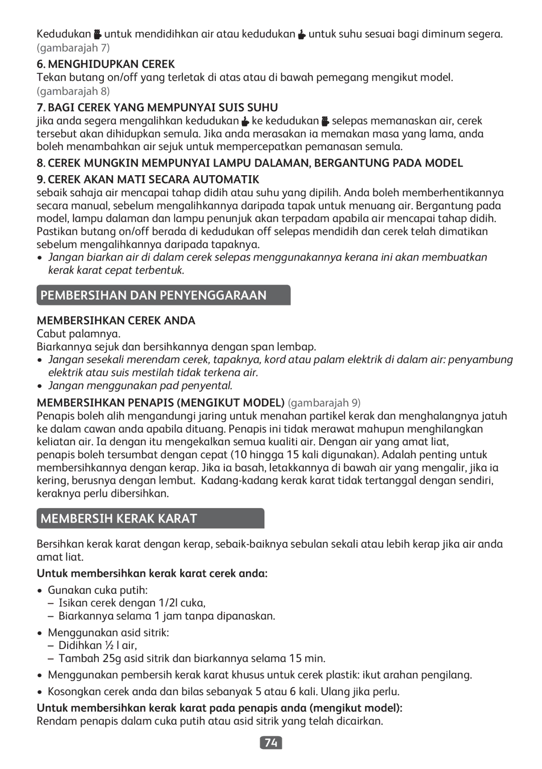 Tefal BF213010, BF2130CH Pembersihan DAN Penyenggaraan, Membersih Kerak Karat, Menghidupkan Cerek, Membersihkan Cerek Anda 