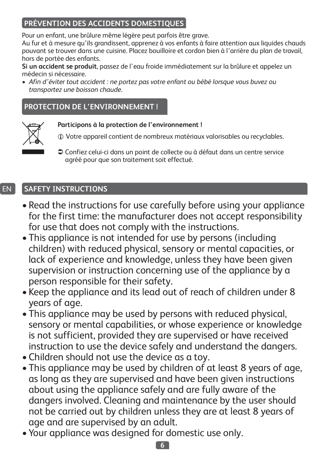 Tefal BF213010, BF2130CH manual Prévention DES Accidents Domestiques, Protection DE L’ENVIRONNEMENT, EN Safety Instructions 