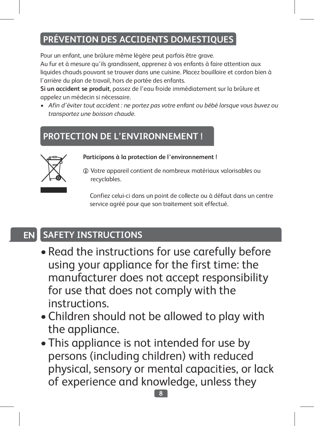 Tefal BF263090, BF263010, BF2630CH Prévention DES Accidents Domestiques, Protection DE L’ENVIRONNEMENT, Safety Instructions 