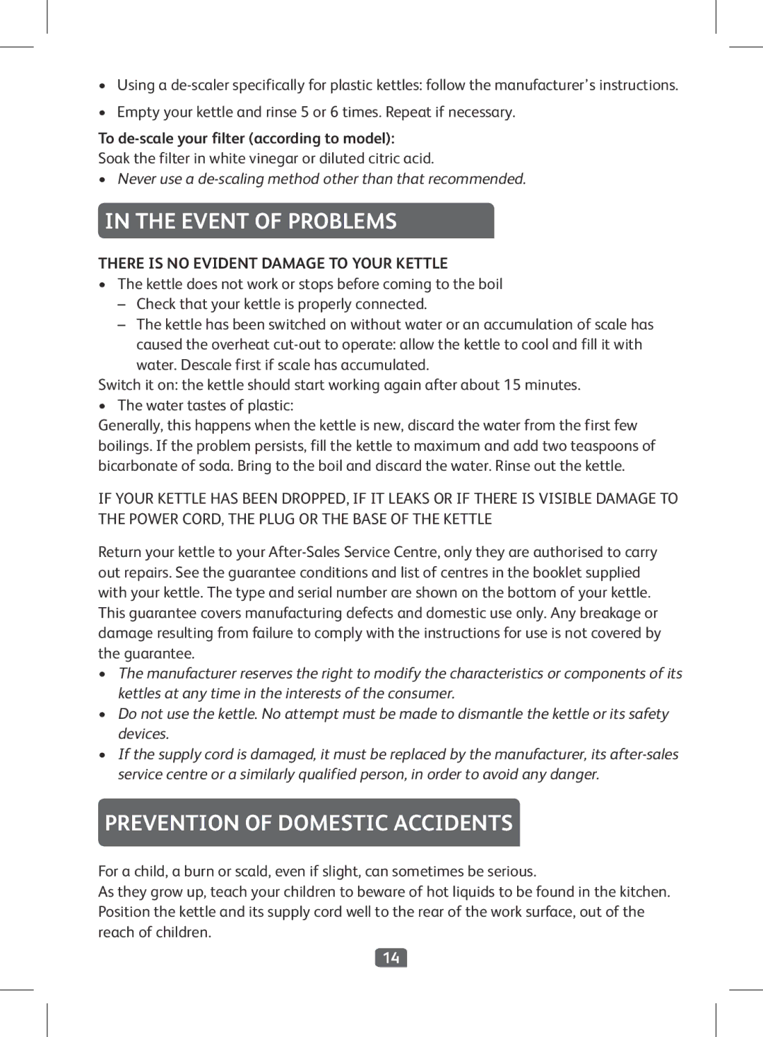 Tefal BF263090, BF263010 Event of Problems, Prevention of Domestic Accidents, To de-scale your filter according to model 