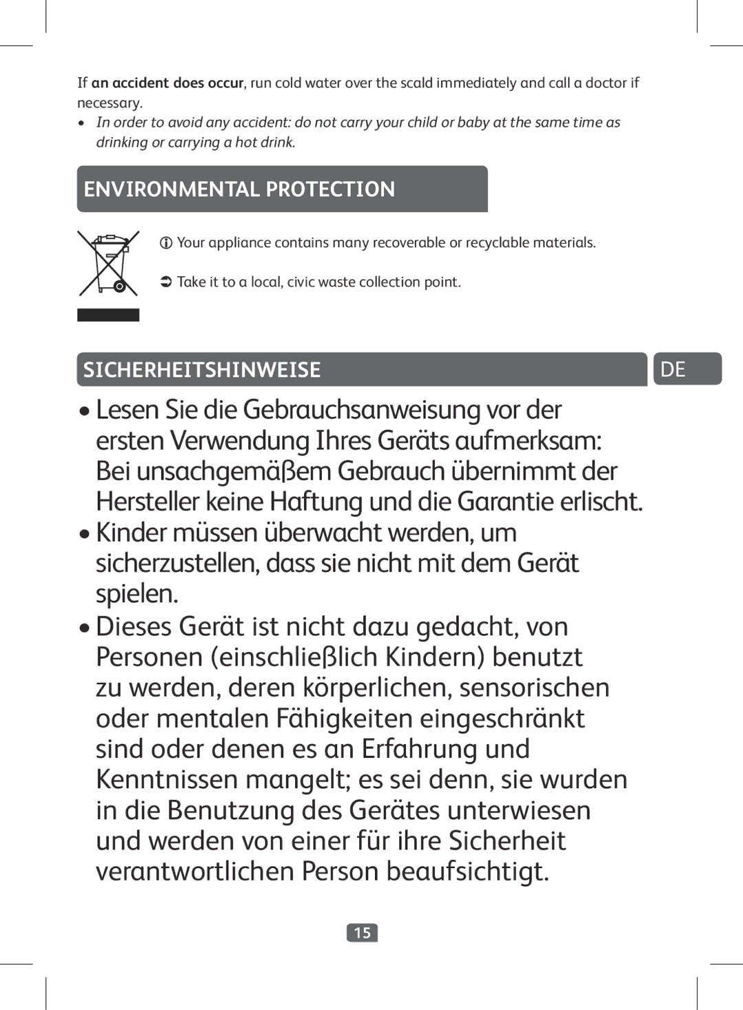 Tefal BF2630CH, BF263010, BF263090 manual Environmental Protection, Sicherheitshinweise 