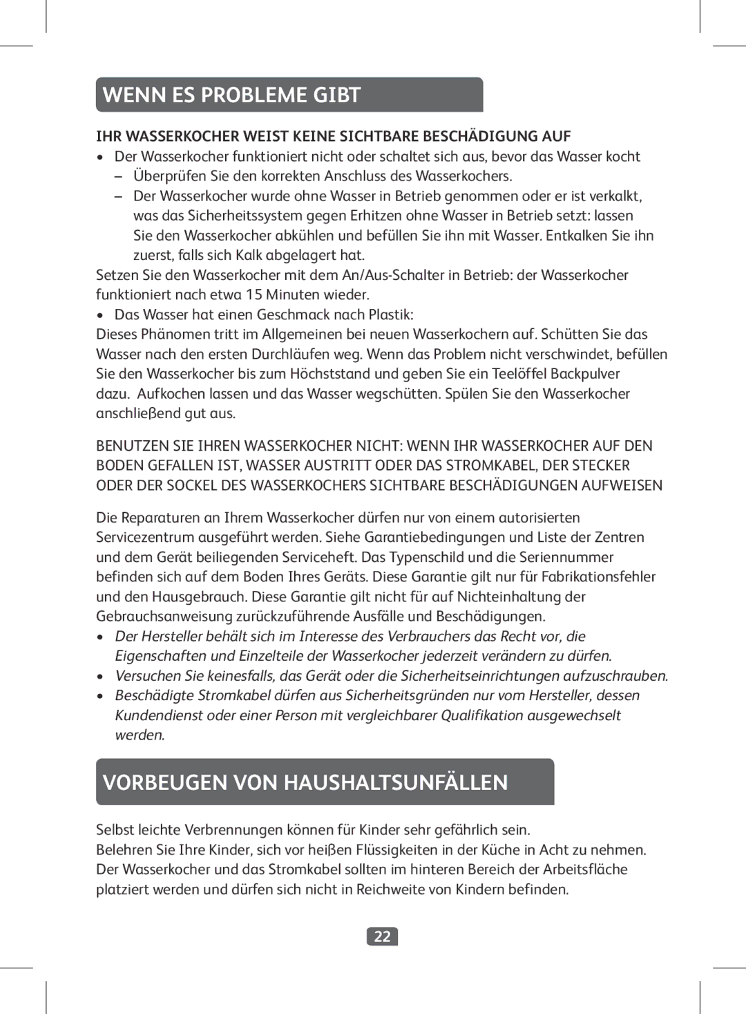 Tefal BF263010, BF263090, BF2630CH manual Wenn ES Probleme Gibt, Vorbeugen VON Haushaltsunfällen 