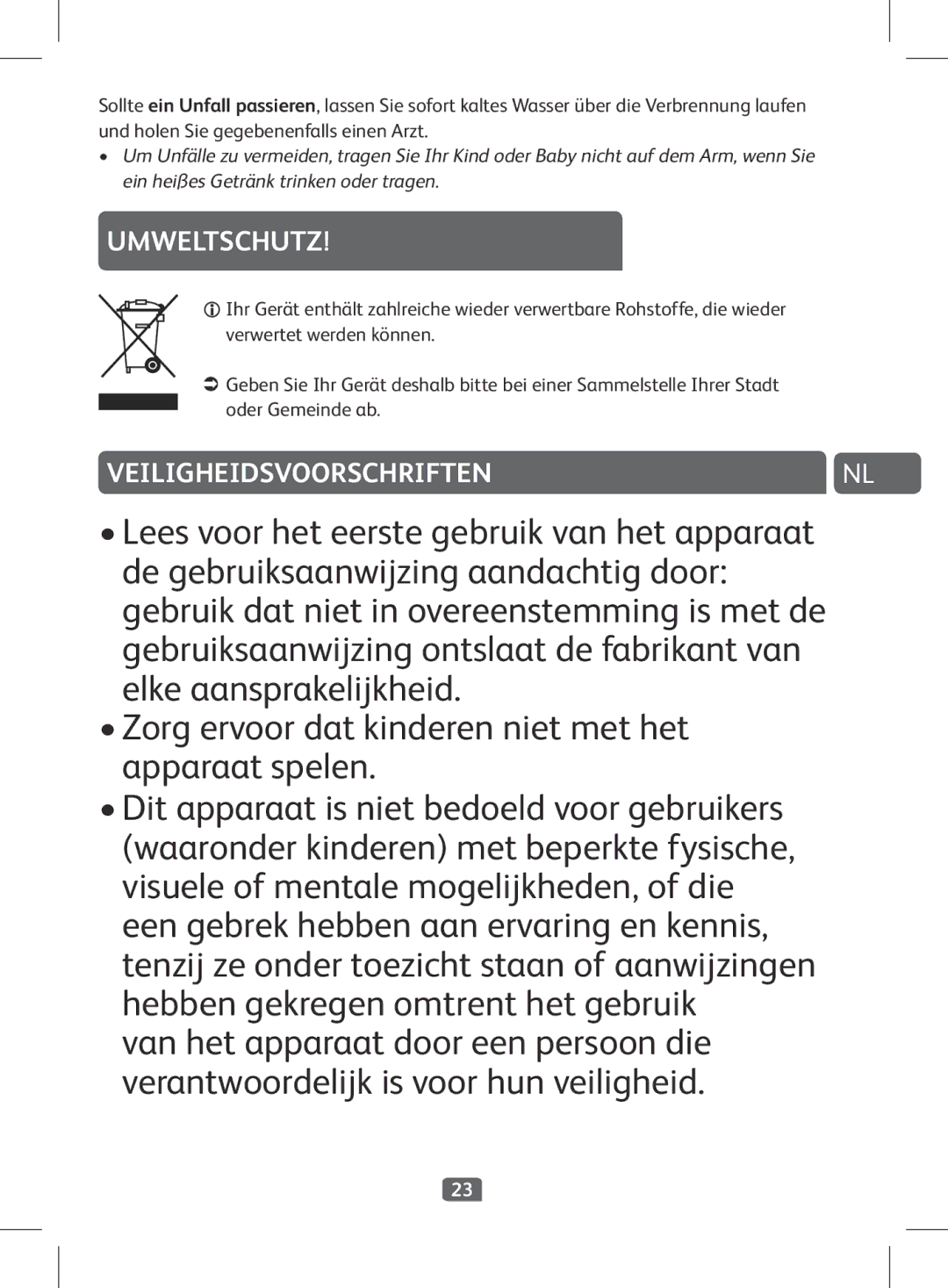 Tefal BF263090, BF263010, BF2630CH manual Umweltschutz, Veiligheidsvoorschriftennl 
