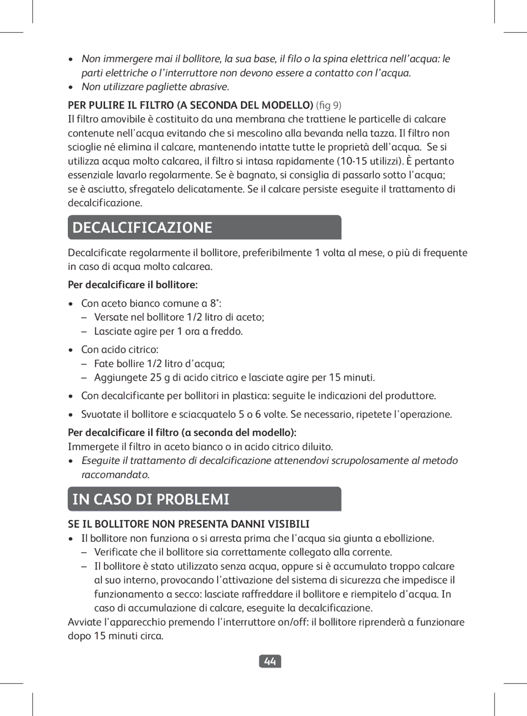 Tefal BF263090, BF263010, BF2630CH manual Decalcificazione, Caso DI Problemi, SE IL Bollitore NON Presenta Danni Visibili 