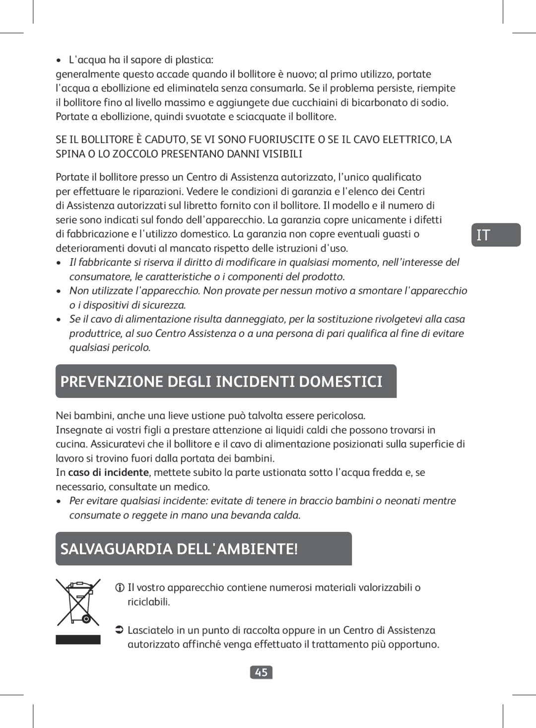 Tefal BF2630CH, BF263010, BF263090 manual Prevenzione Degli Incidenti Domestici, Salvaguardia Dellambiente 