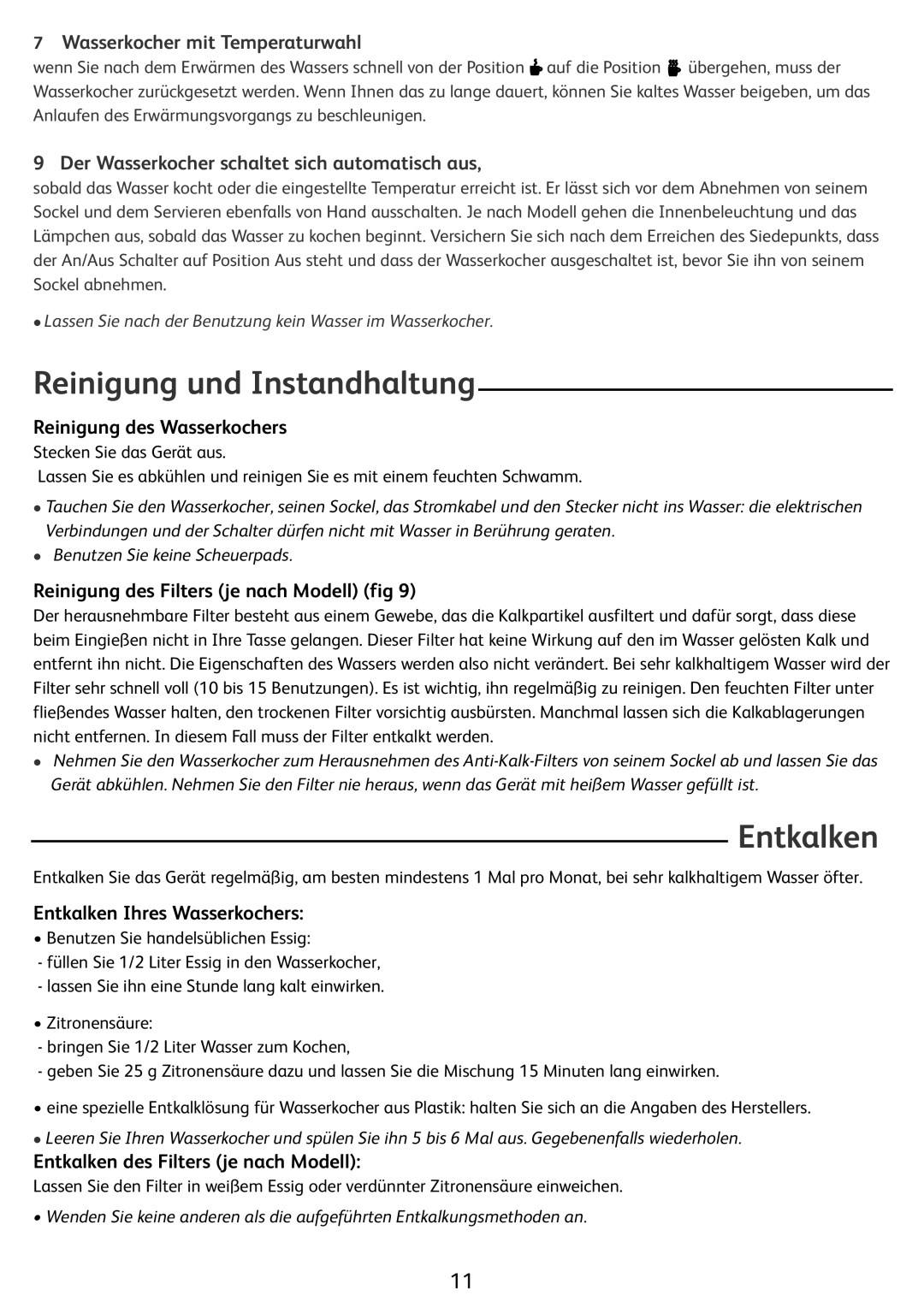 Tefal BF6120 manual Reinigung und Instandhaltung, Entkalken, Wasserkocher mit Temperaturwahl, Reinigung des Wasserkochers 