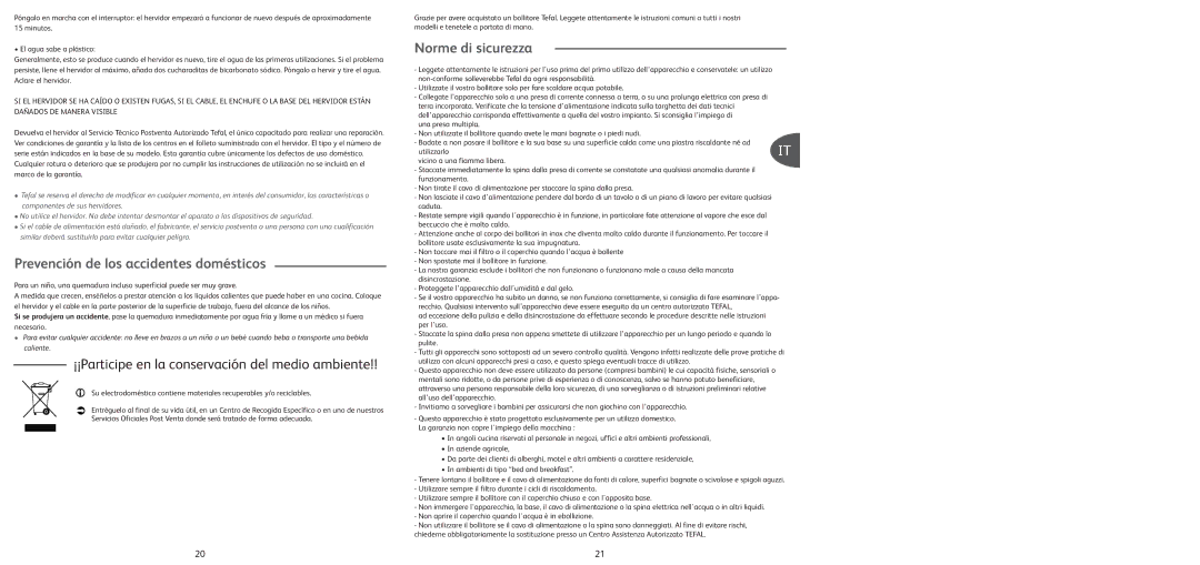 Tefal BF662010, BF662017, BF662013, BF662023, BF662041, BF662020 Prevención de los accidentes domésticos, Norme di sicurezza 