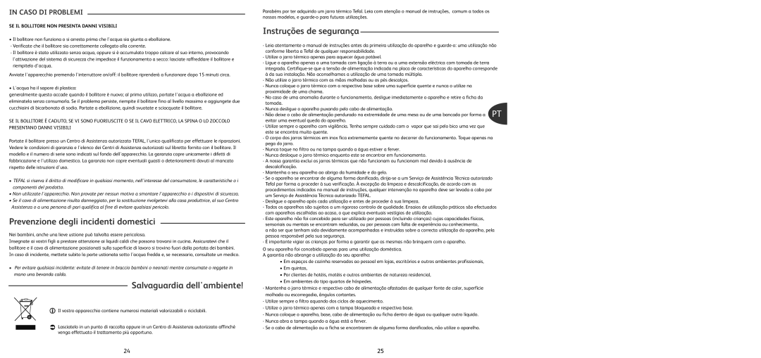 Tefal BF662017 Prevenzione degli incidenti domestici, Salvaguardia dellambiente, Instruções de segurança, Caso DI Problemi 