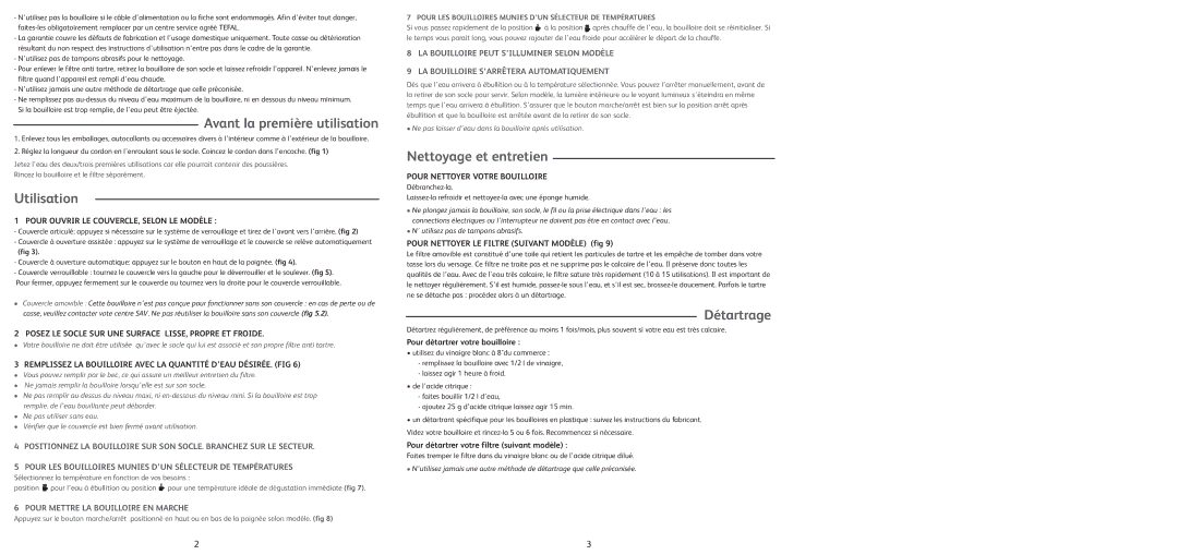 Tefal BF662041, BF662017, BF662013, BF662023 Avant la première utilisation, Utilisation, Nettoyage et entretien, Détartrage 