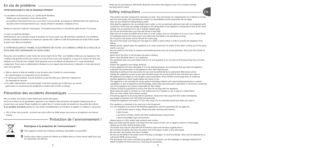 Tefal BF662020, BF662017, BF662013 En cas de problème, Prévention des accidents domestiques, Protection de l’environnement 