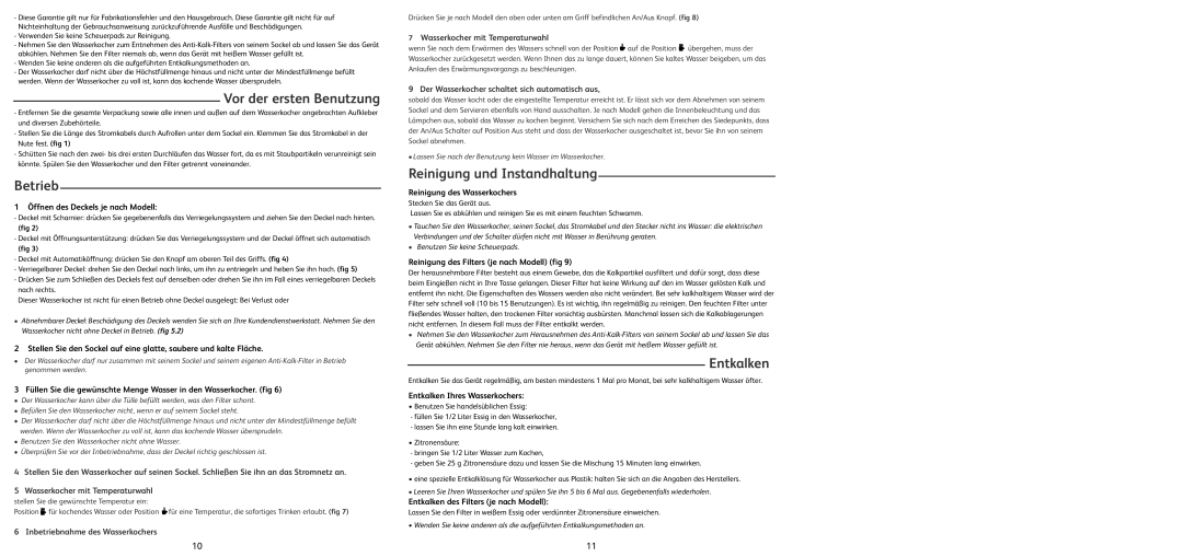 Tefal BF662044, BF662017, BF662013, BF662023 manual Vor der ersten Benutzung, Betrieb, Reinigung und Instandhaltung, Entkalken 