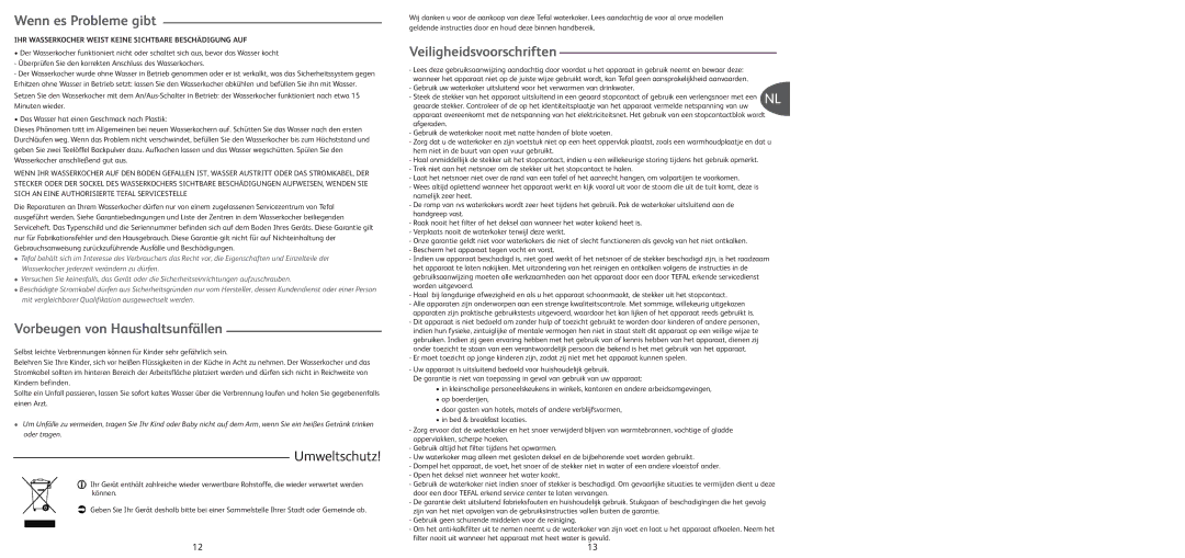 Tefal BF662040, BF662017, BF662013 manual Wenn es Probleme gibt, Vorbeugen von Haushaltsunfällen, Veiligheidsvoorschriften 