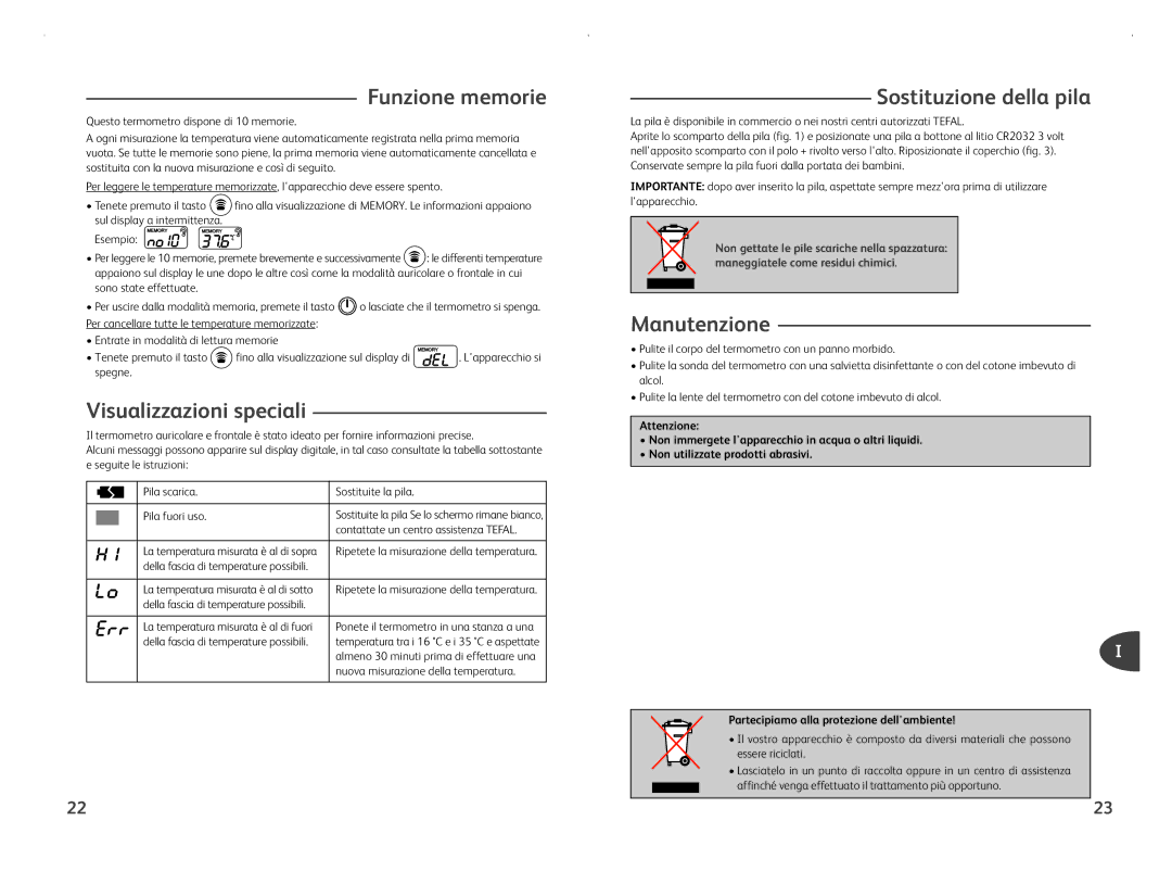 Tefal BH1110J0, BH1110L0 manual Funzione memorie, Visualizzazioni speciali, Sostituzione della pila, Manutenzione 