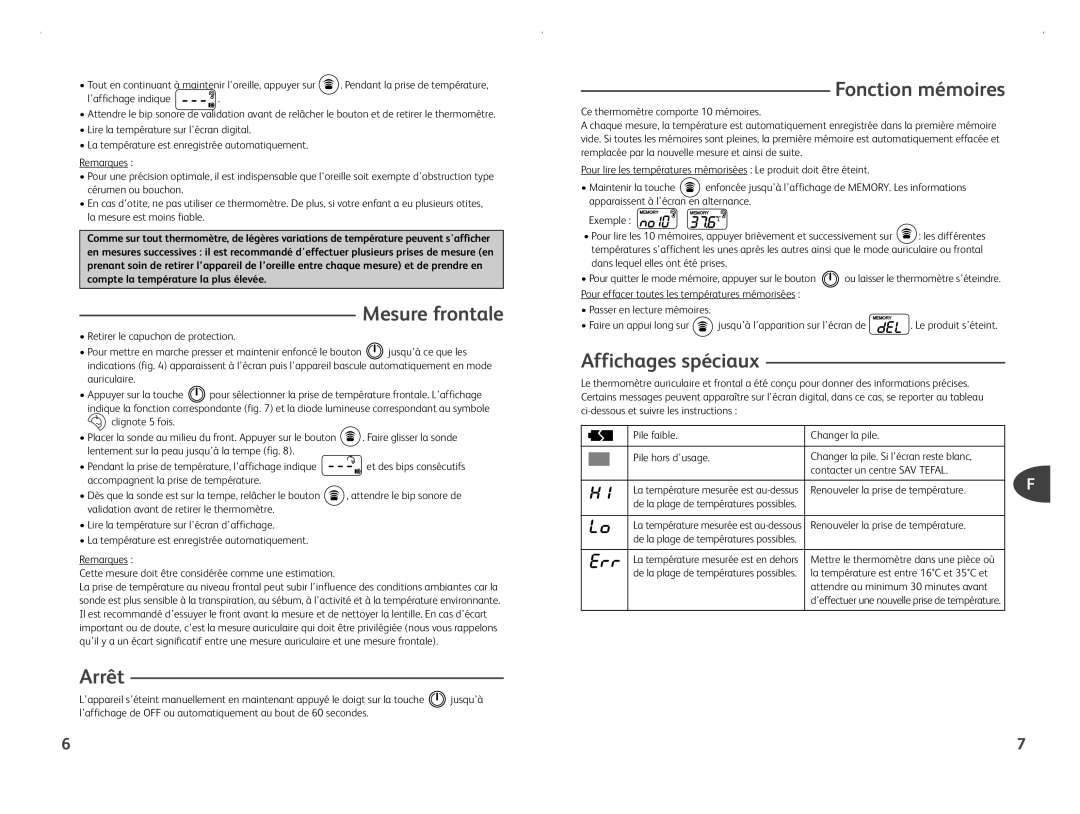Tefal BH1110J0, BH1110L0 manual Mesure frontale, Arrêt, Fonction mémoires, Affichages spéciaux 