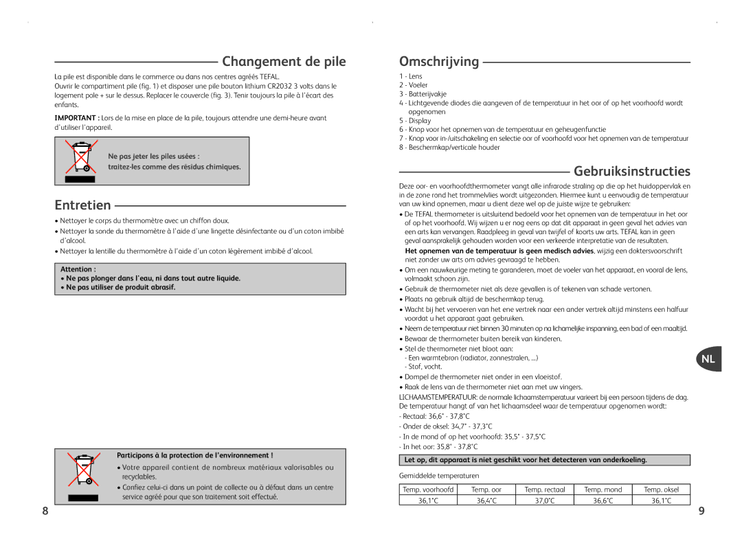 Tefal BH1110L0, BH1110J0 manual Changement de pile, Entretien, Omschrijving, Gebruiksinstructies, Gemiddelde temperaturen 