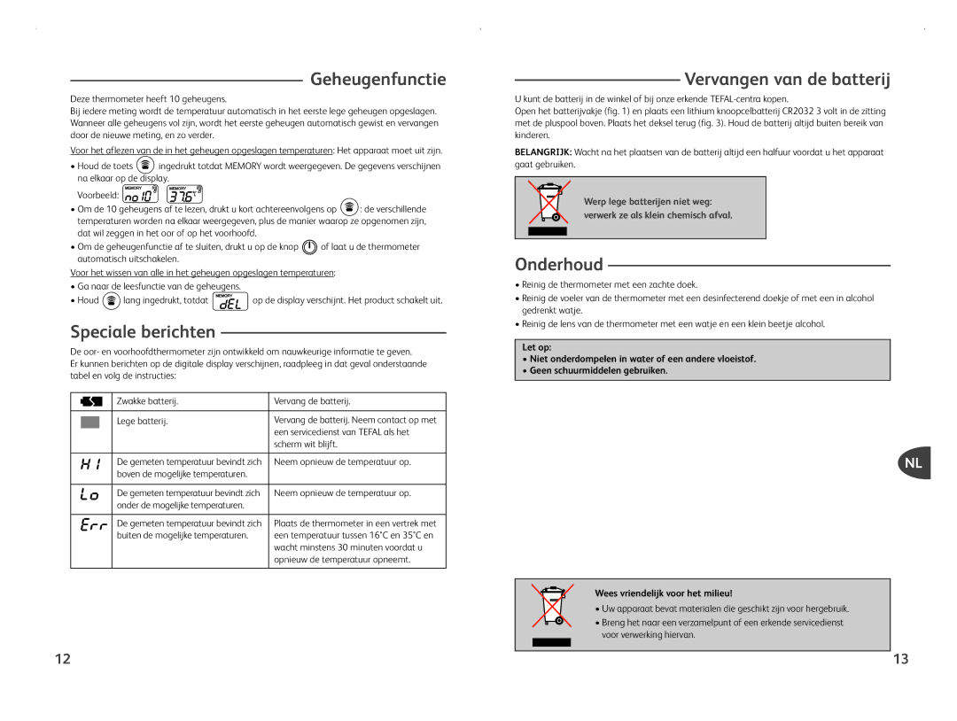Tefal BH1110L0, BH1110J0 manual Geheugenfunctie, Speciale berichten, Vervangen van de batterij, Onderhoud 