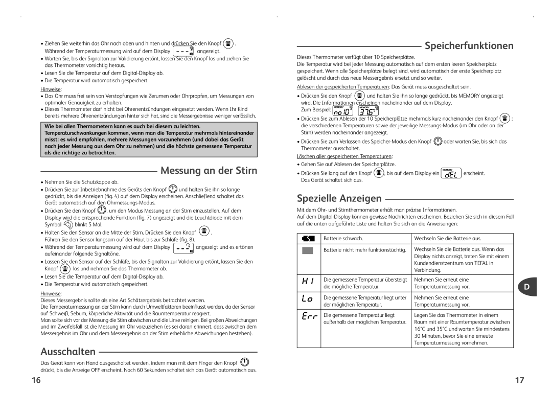 Tefal BH1110L0, BH1110J0 manual Messung an der Stirn, Ausschalten, Speicherfunktionen, Spezielle Anzeigen 