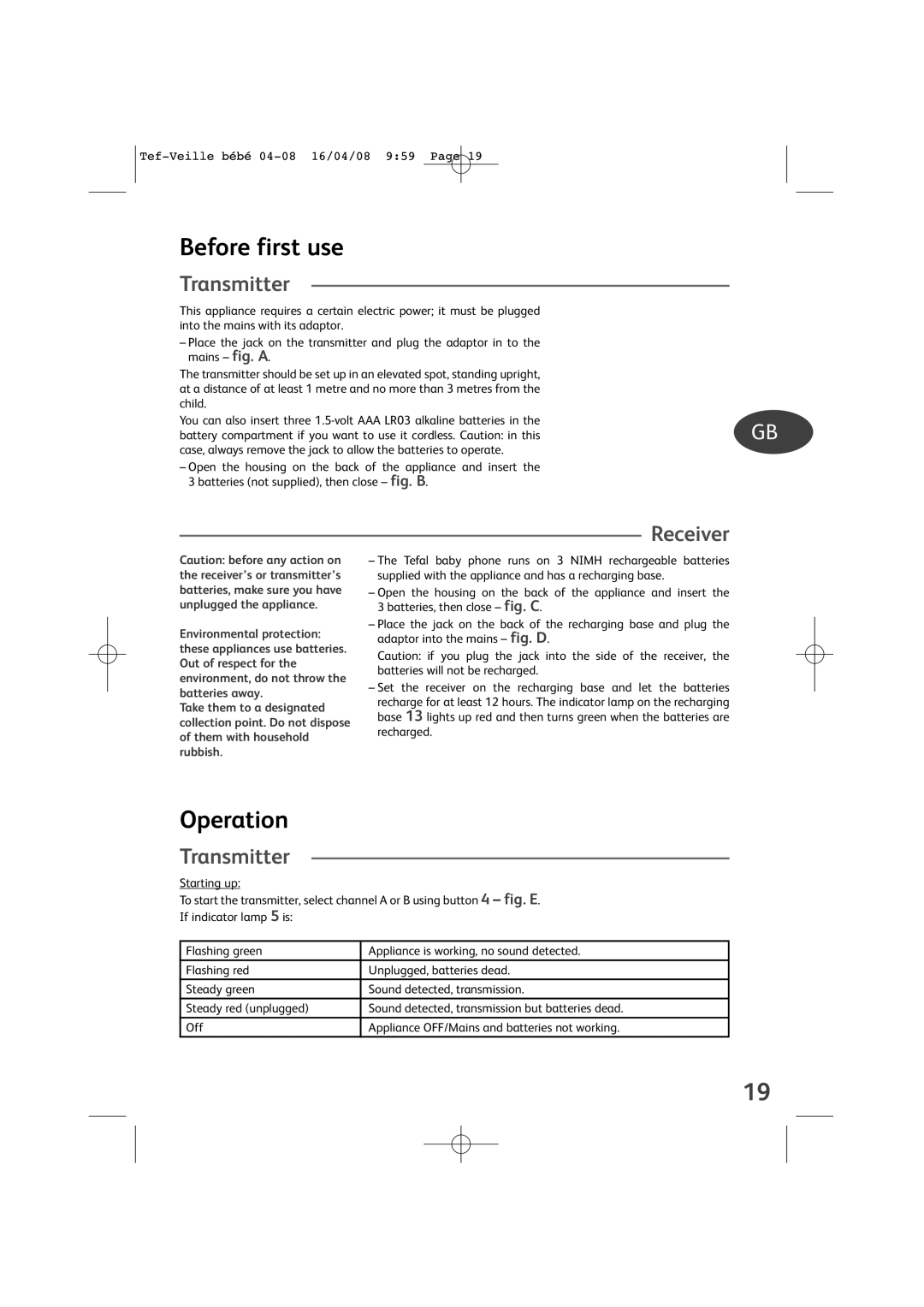 Tefal BH1200J9 manual Before first use, Operation, Transmitter, Receiver 