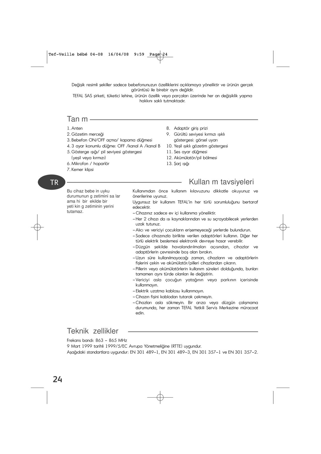 Tefal BH1200J9 manual Tan, Kullaneleri, Teknik özellikler 