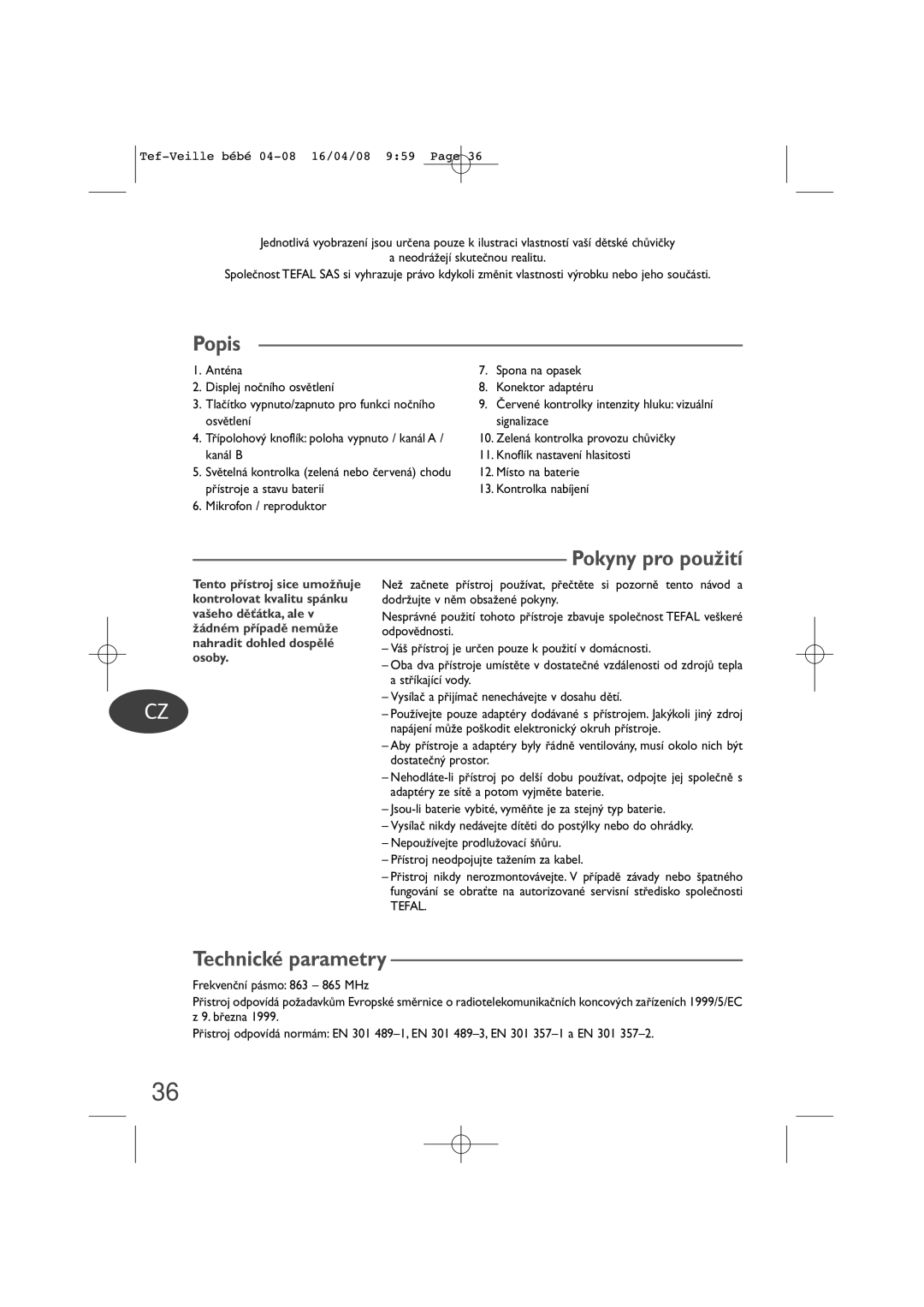 Tefal BH1200J9 manual Popis, Pokyny pro pouÏití, Technické parametry 