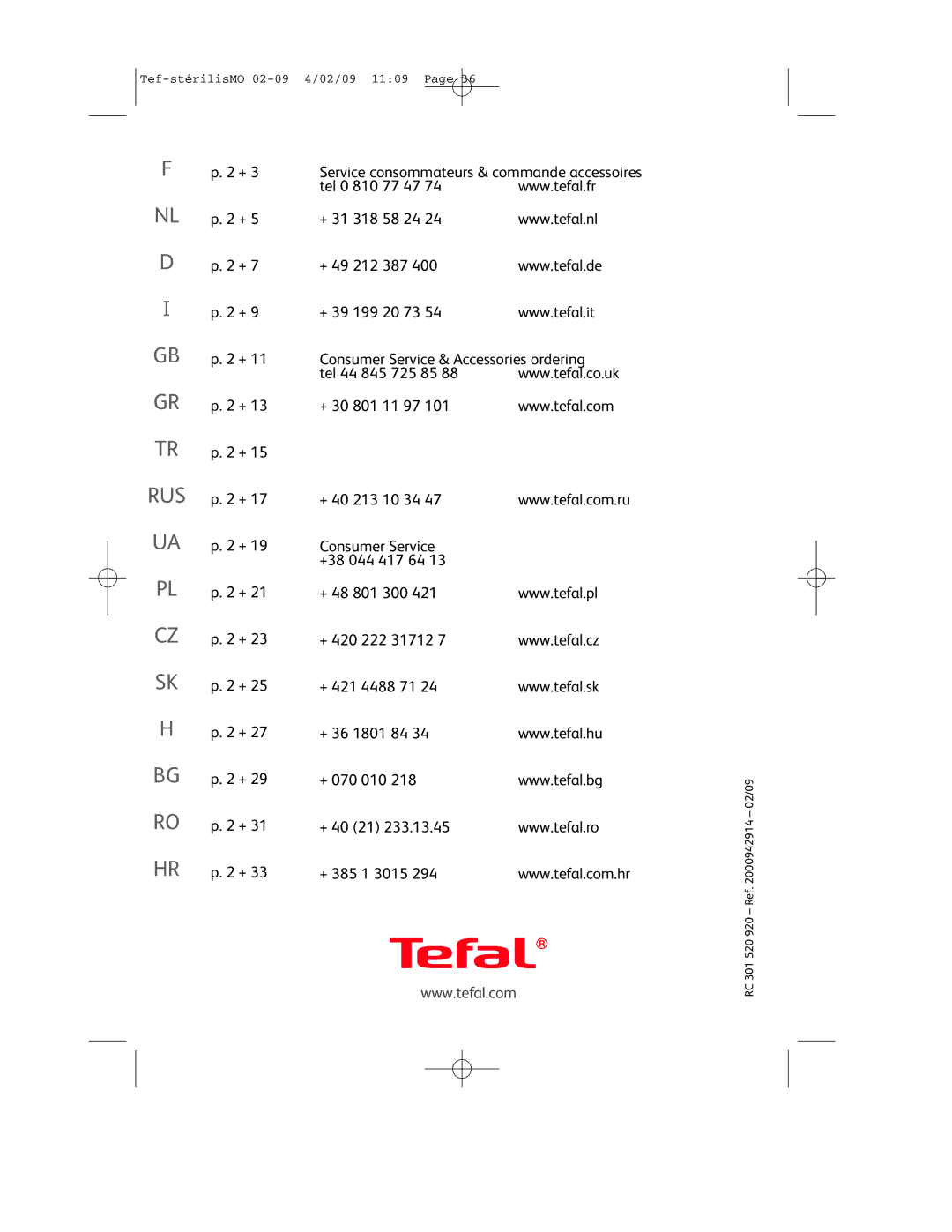 Tefal BH1311J8 manual 301 520 920 Ref 02/09 