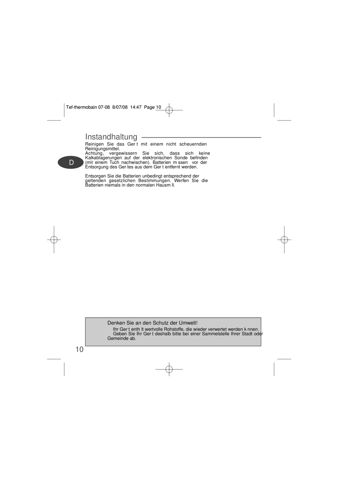 Tefal BH1371J8 manual Instandhaltung, Denken Sie an den Schutz der Umwelt 