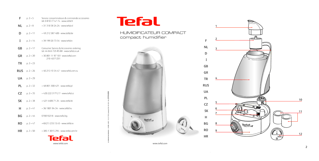 Tefal BH3392J8 manual Humidificateur Compact compact humidiﬁer, Nl D I Gb Gr Tr Rus Ua Pl Cz Sk H Bg Ro Hr 