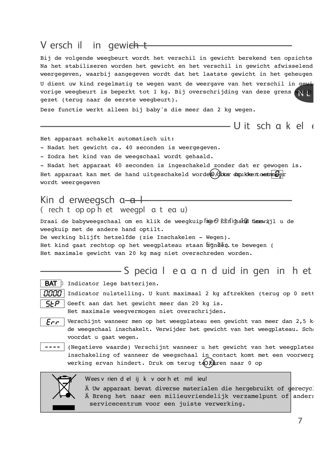 Tefal BH4150L0, BH4150J0 manual Verschil in gewicht, Uitschakelen, Kinderweegschaal, Speciale aanduidingen in het venster 