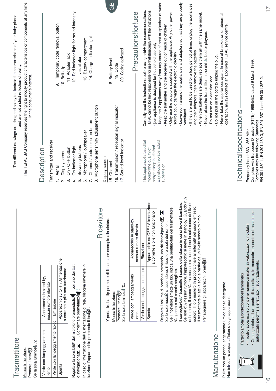 Tefal BH4200J8 manual Description, Precautions for use, Manutenzione, Technical specifications 