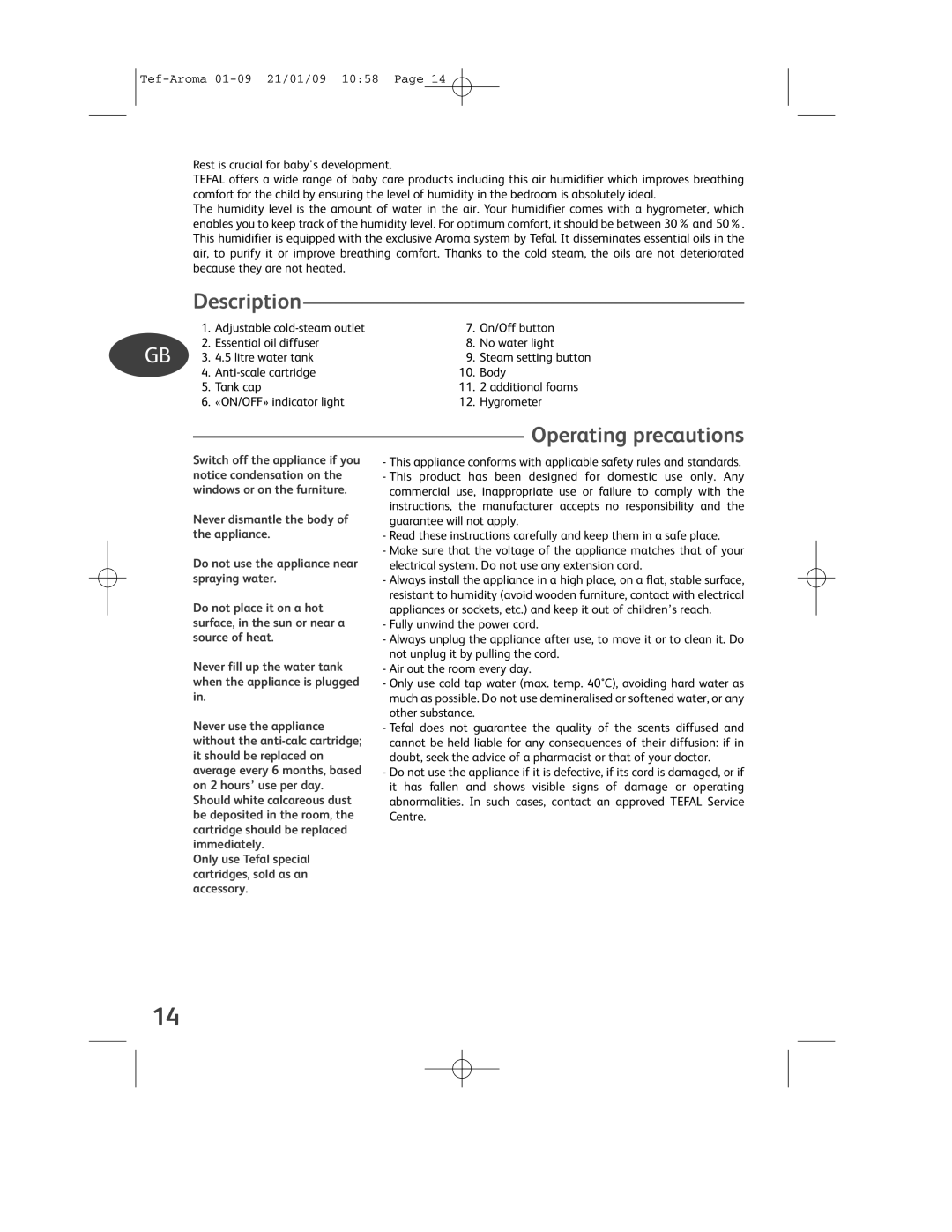 Tefal BH4390A0 manual Description, Operating precautions 