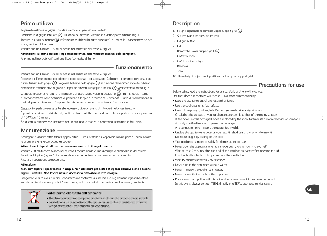 Tefal BH7300J0 Primo utilizzo, Funzionamento, Manutenzione, Precautions for use, Partecipiamo alla tutela dellambiente 