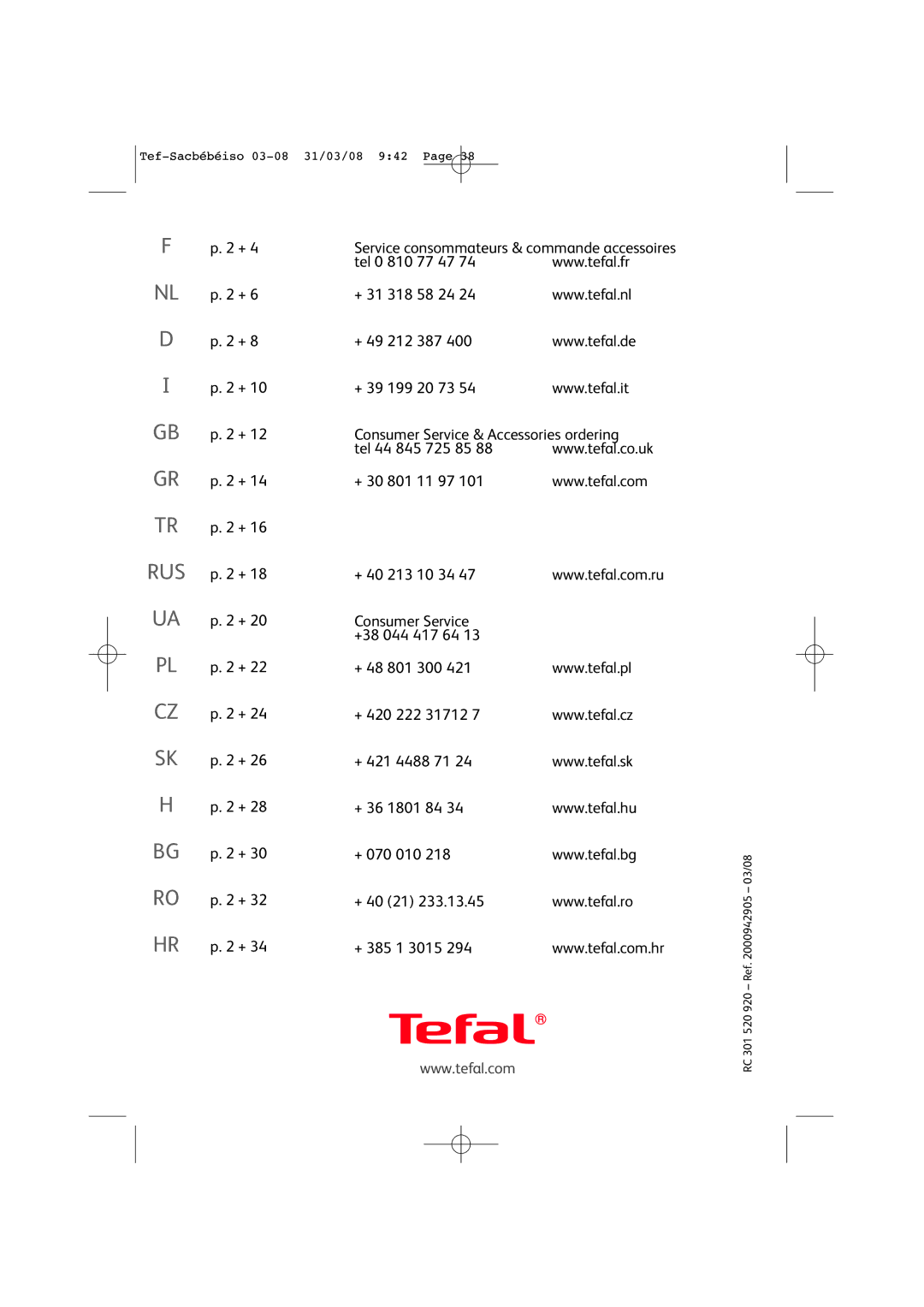 Tefal BH7366J8 manual RC 301 520 920 Ref 03/08 