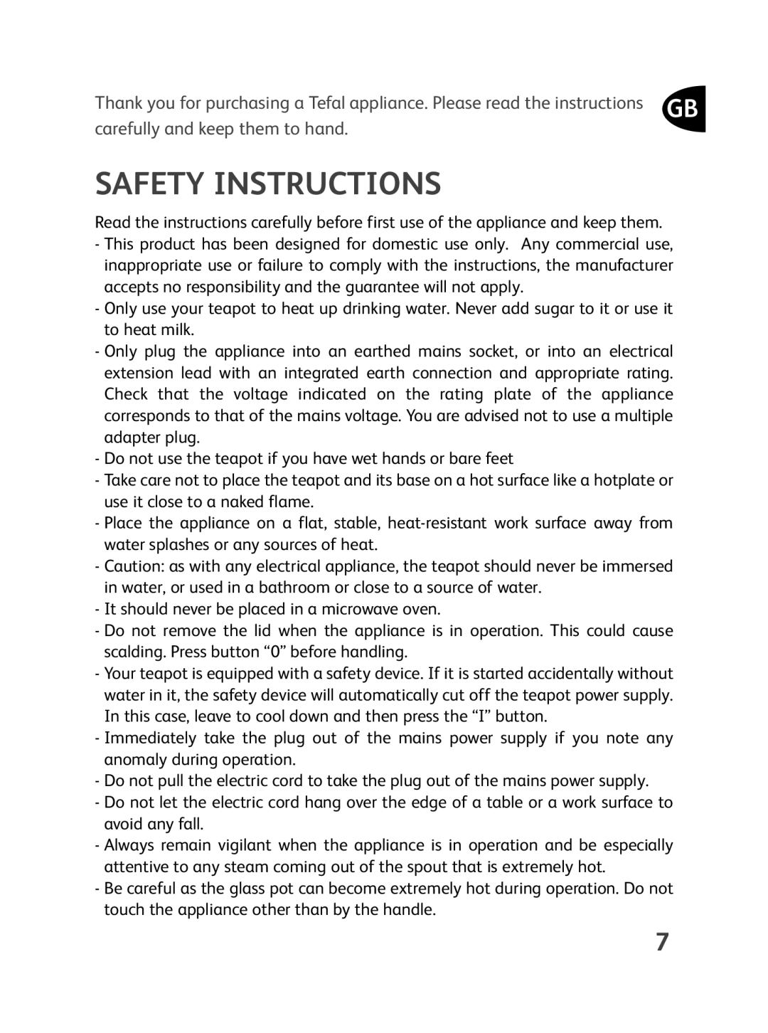 Tefal BJ100032, BJ100010, BJ1000FR manual Safety Instructions 