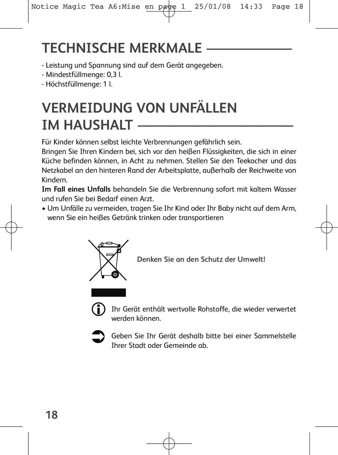 Tefal BJ100524, BJ100510 Technische Merkmale, Vermeidung VON Unfällen IM Haushalt, Denken Sie an den Schutz der Umwelt 