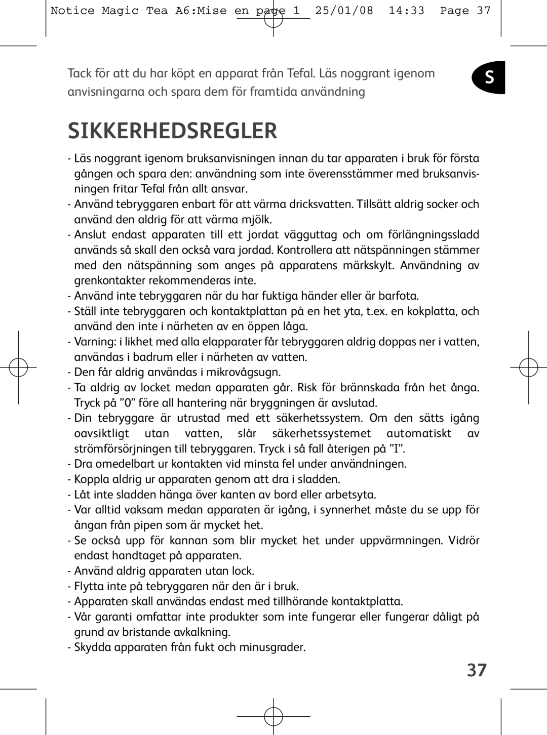 Tefal BJ100539, BJ100510, BJ100524 manual Sikkerhedsregler 