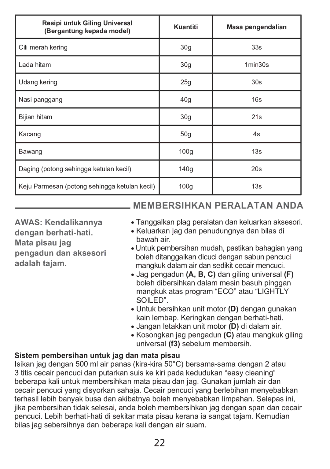 Tefal BL1151AD manual Membersihkan Peralatan Anda, Bawah air, Sistem pembersihan untuk jag dan mata pisau 