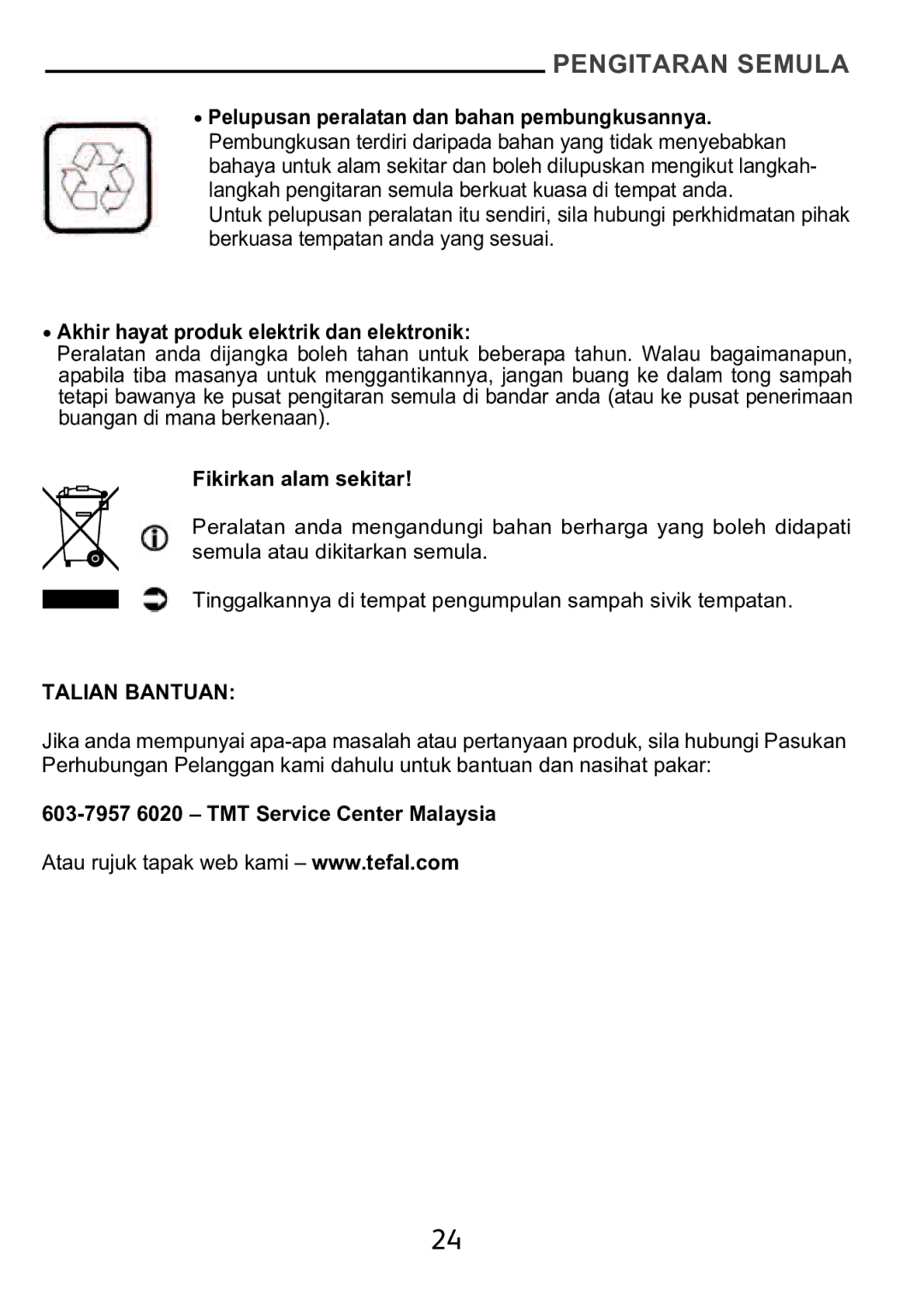 Tefal BL1151AD manual Pengitaran Semula, Talian Bantuan 