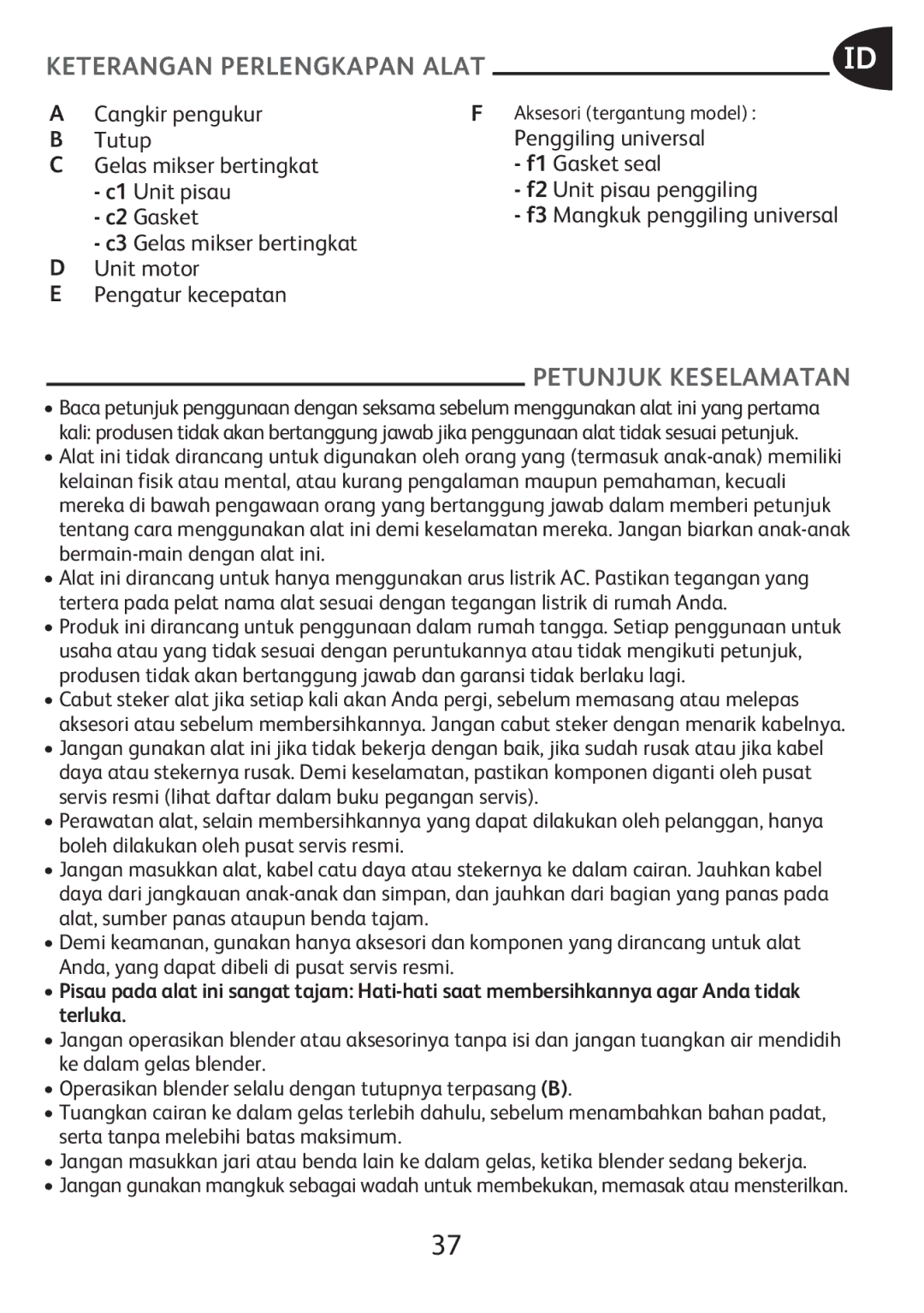 Tefal BL1151AD manual Keterangan Perlengkapan Alat, Petunjuk Keselamatan, Anda, yang dapat dibeli di pusat servis resmi 