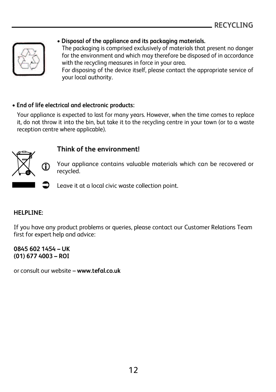 Tefal BL1151AD manual Recycling, Think of the environment, Helpline 