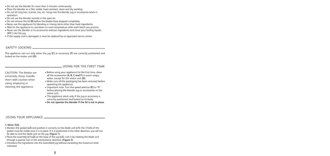 Tefal BL1161AD manual Safety Locking, Using for the First Time, Using Your Appliance 