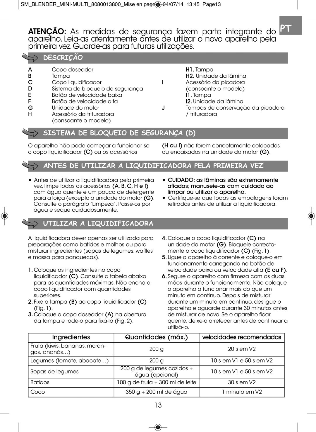 Tefal BL1261KR manual Descrição, Sistema DE Bloqueio DE Segurança D, Antes DE Utilizar a Liquidificadora Pela Primeira VEZ 