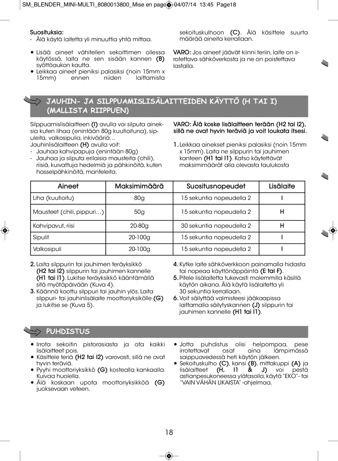 Tefal BL1261KR manual Puhdistus, Aineet Maksimimäärä Suositusnopeudet Lisälaite, Suosituksia 