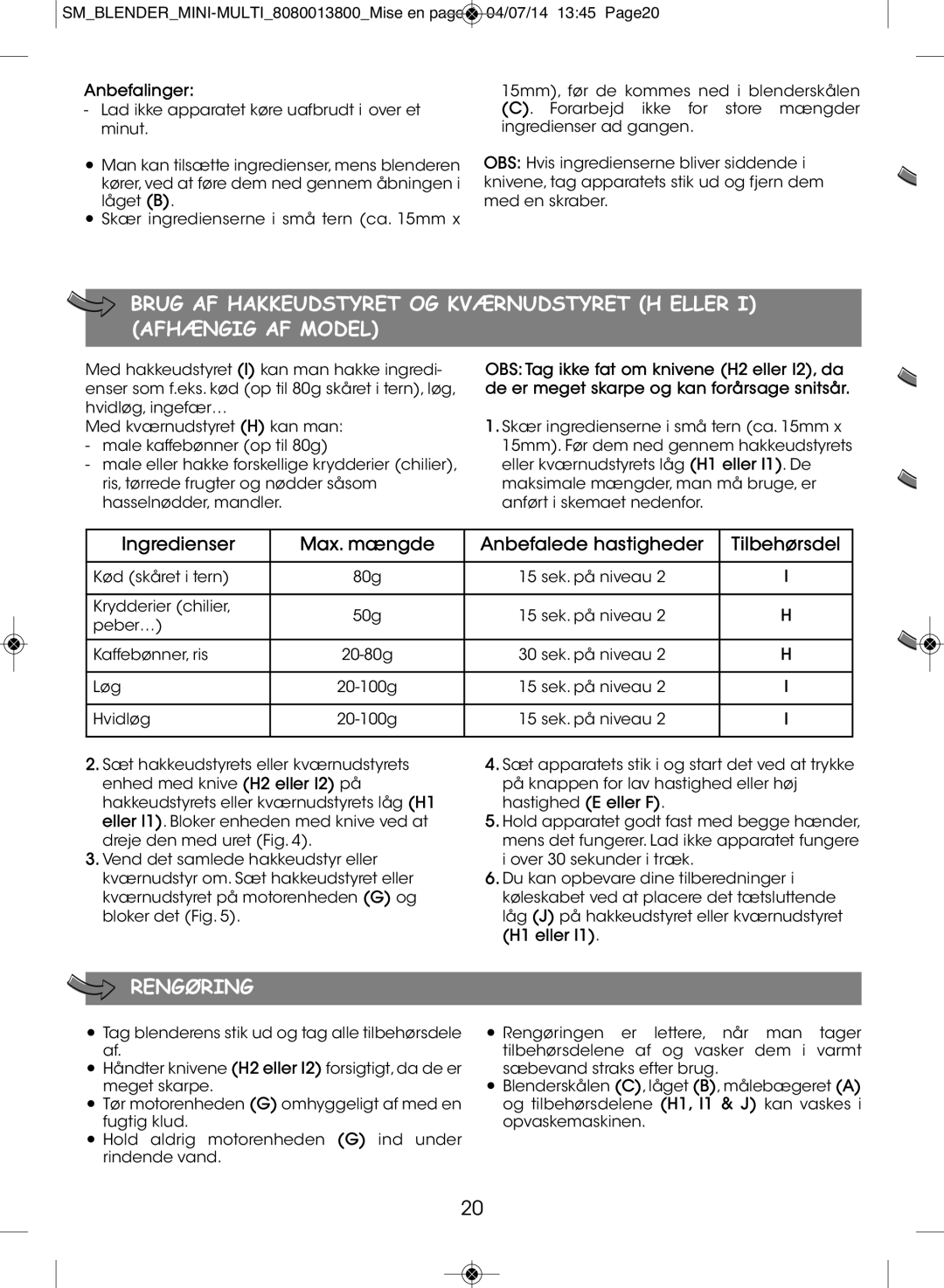 Tefal BL1261KR manual Rengøring, Anbefalinger 