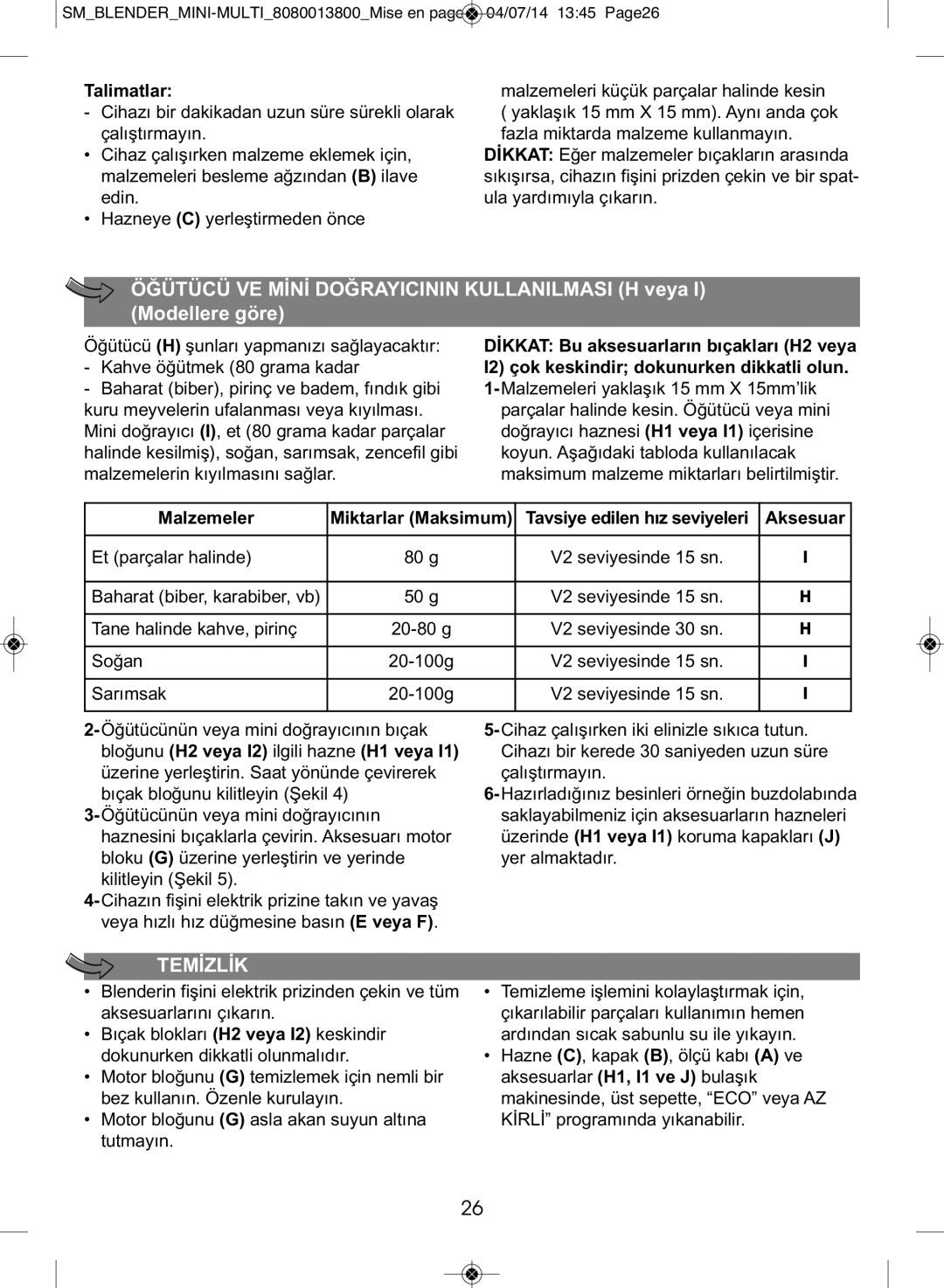 Tefal BL1261KR manual Talimatlar, Malzemeler, Tavsiye edilen hız seviyeleri Aksesuar, Miktarlar Maksimum 